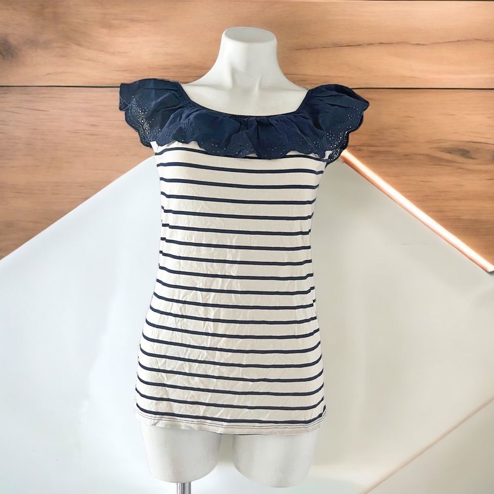 Lauren Ralph Lauren Striped Eyelet Ruffle Top, Cap Sleeve Round Neck Size XL NWT - Picture 4 of 14